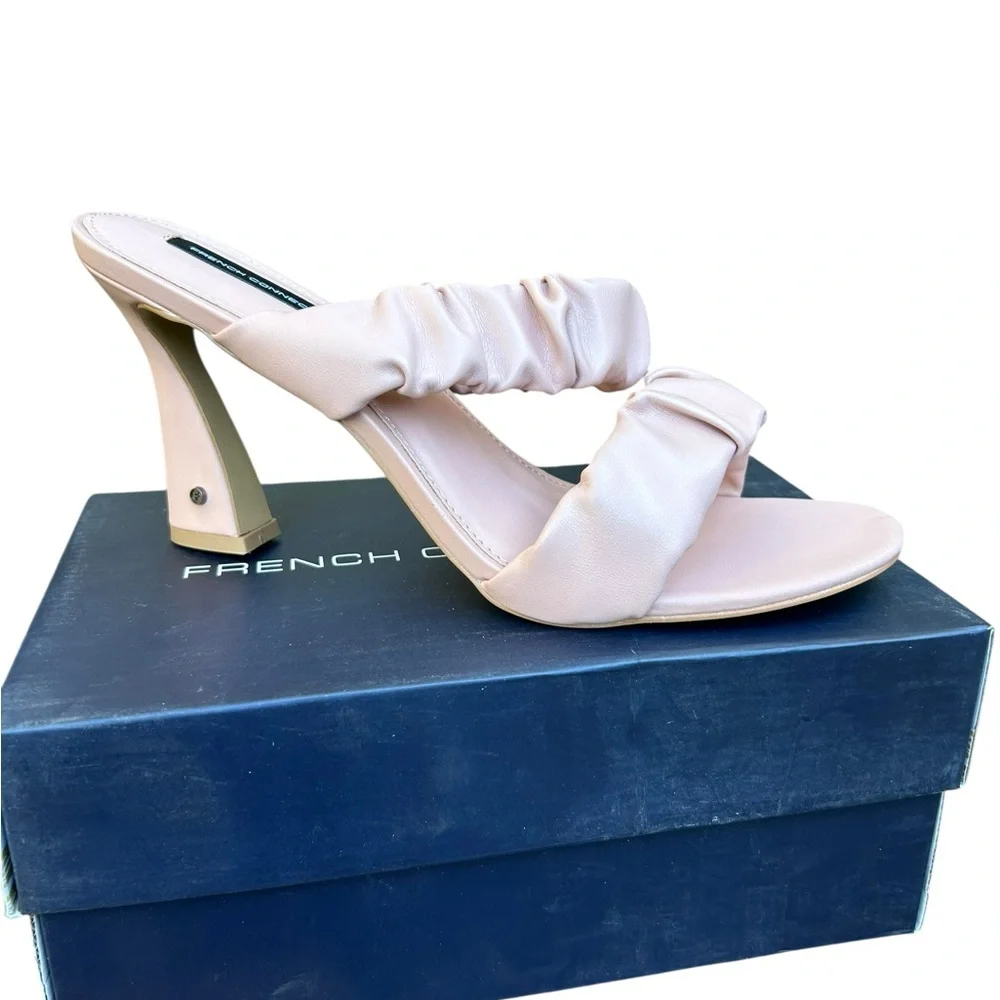 French Connection Crystal Ruched Block Heel Sandals Blush Vegan Leather US 11